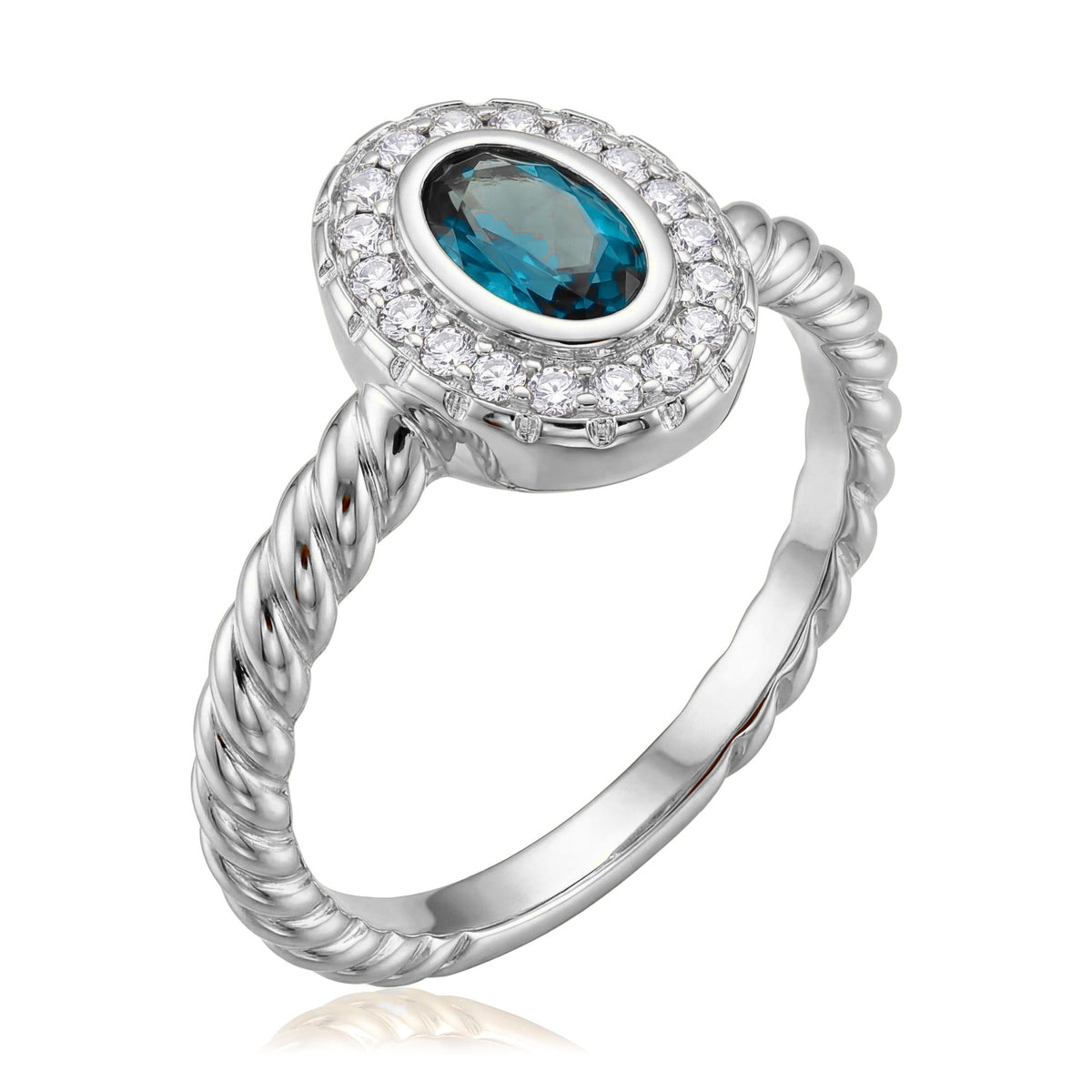 14K white gold simulated turquoise ring, oval teal stone in a clear stone halo on a twisted rope band, on white