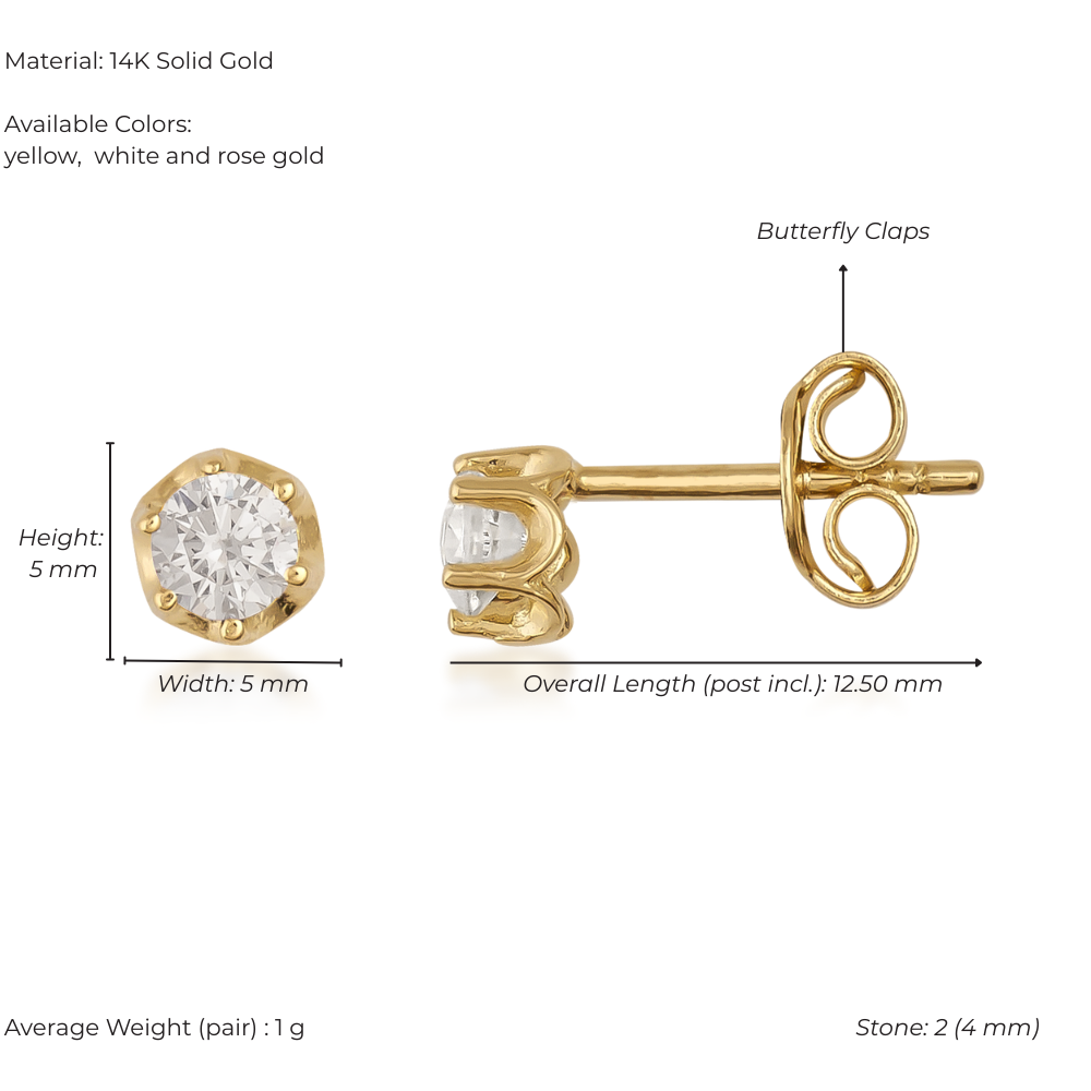Gold stud earrings with butterfly clasp on a white background, showing measurements and material details.