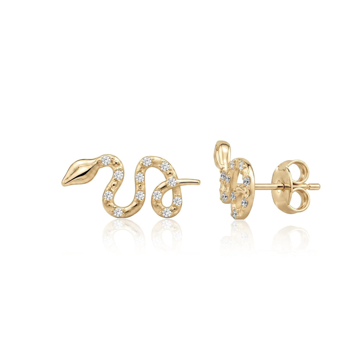 14K yellow gold snake stud earrings on white, second angle