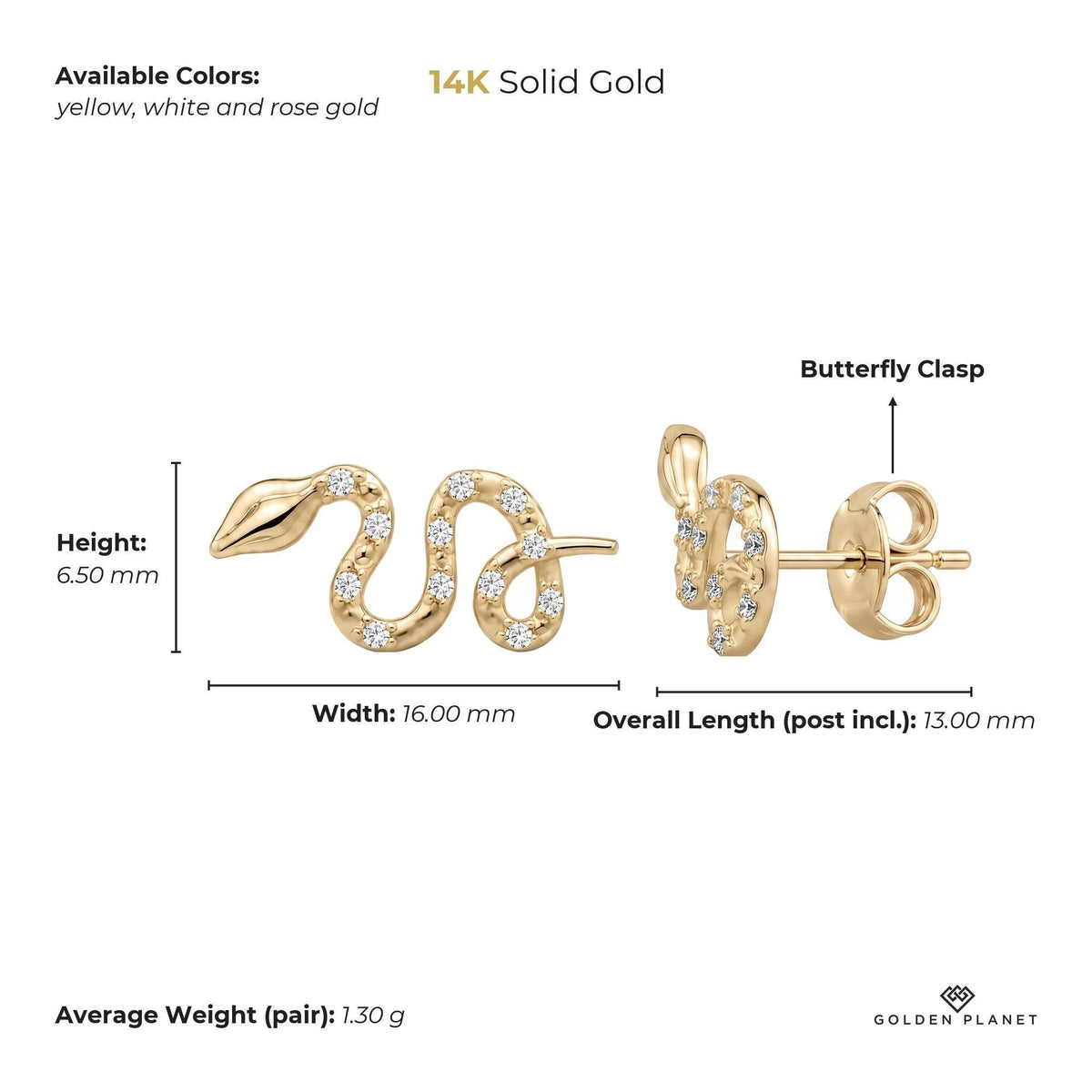 Size chart for the 14K gold snake stud earrings showing stones, available colors, height, width, overall length, closure