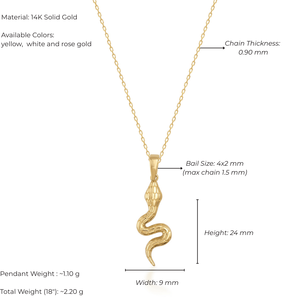 14K gold snake pendant necklace with textured details, delicate chain, and jewelry specs.