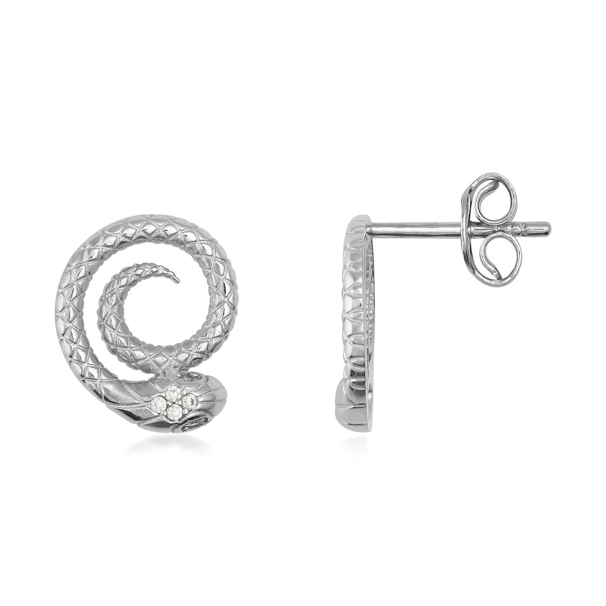 14K gold snake stud earrings with textured scale pattern and small stone details