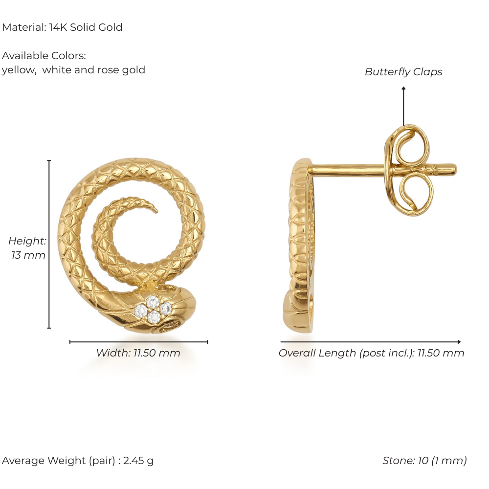 Gold snake-shaped earring with butterfly clasp and measurements on a white background