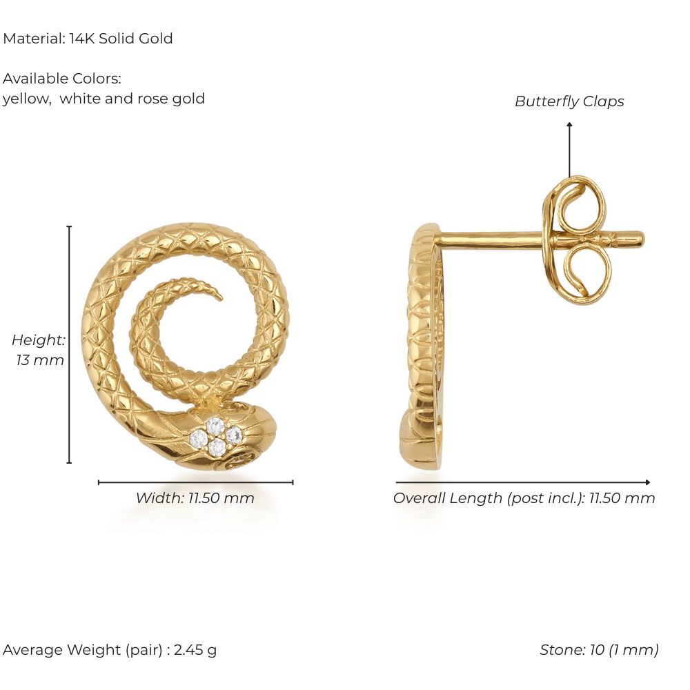 14K gold spiral snake stud earrings with diamond accents, butterfly clasp, 13mm height