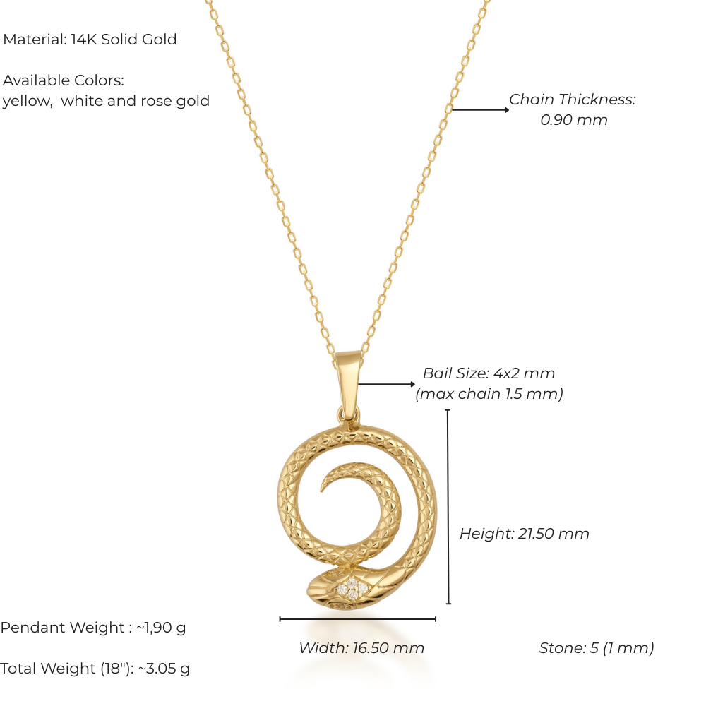 Gold necklace with pendant on a white background, showing material details and measurements.