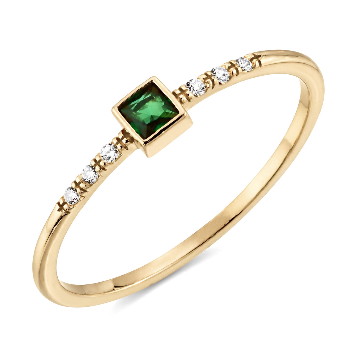 14K yellow gold ring with a square green simulated emerald in a bezel and three cubic zirconia on each shoulder
