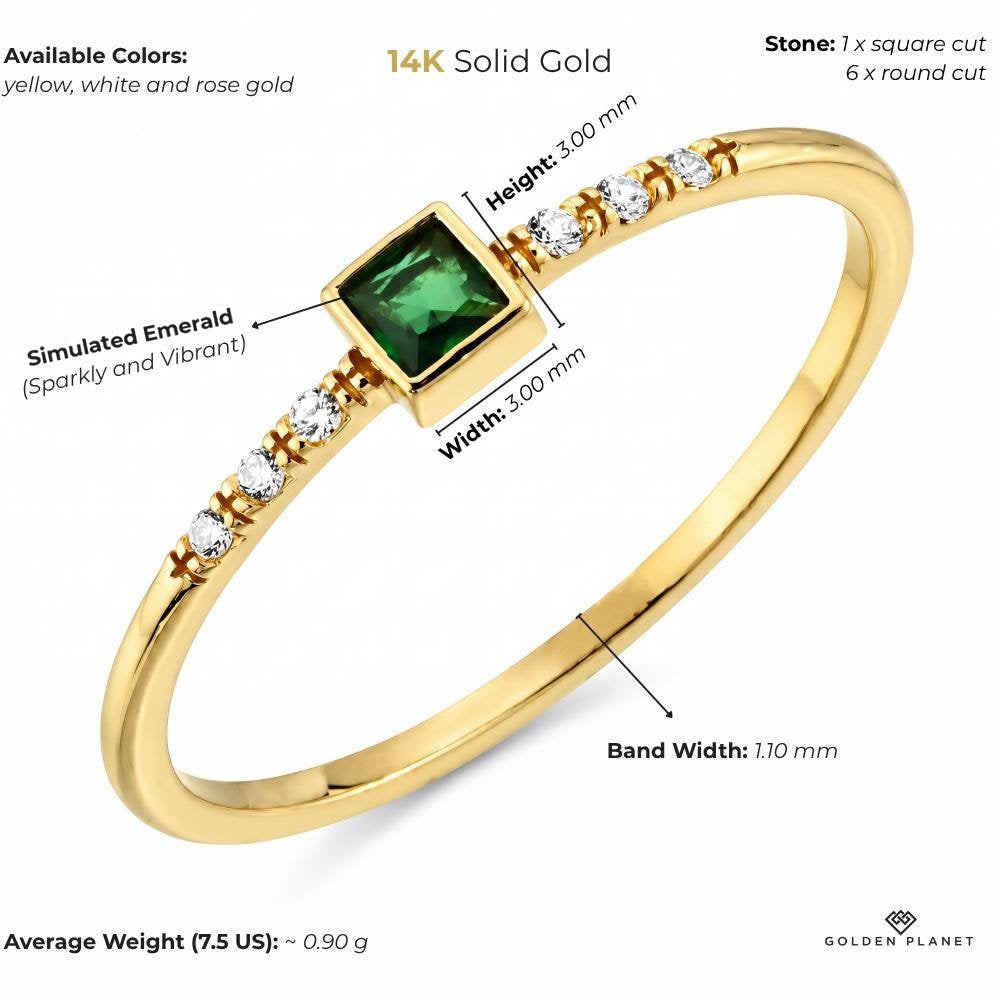 Size chart for the 14K gold square emerald-green stone ring showing stone size, band width and average weight