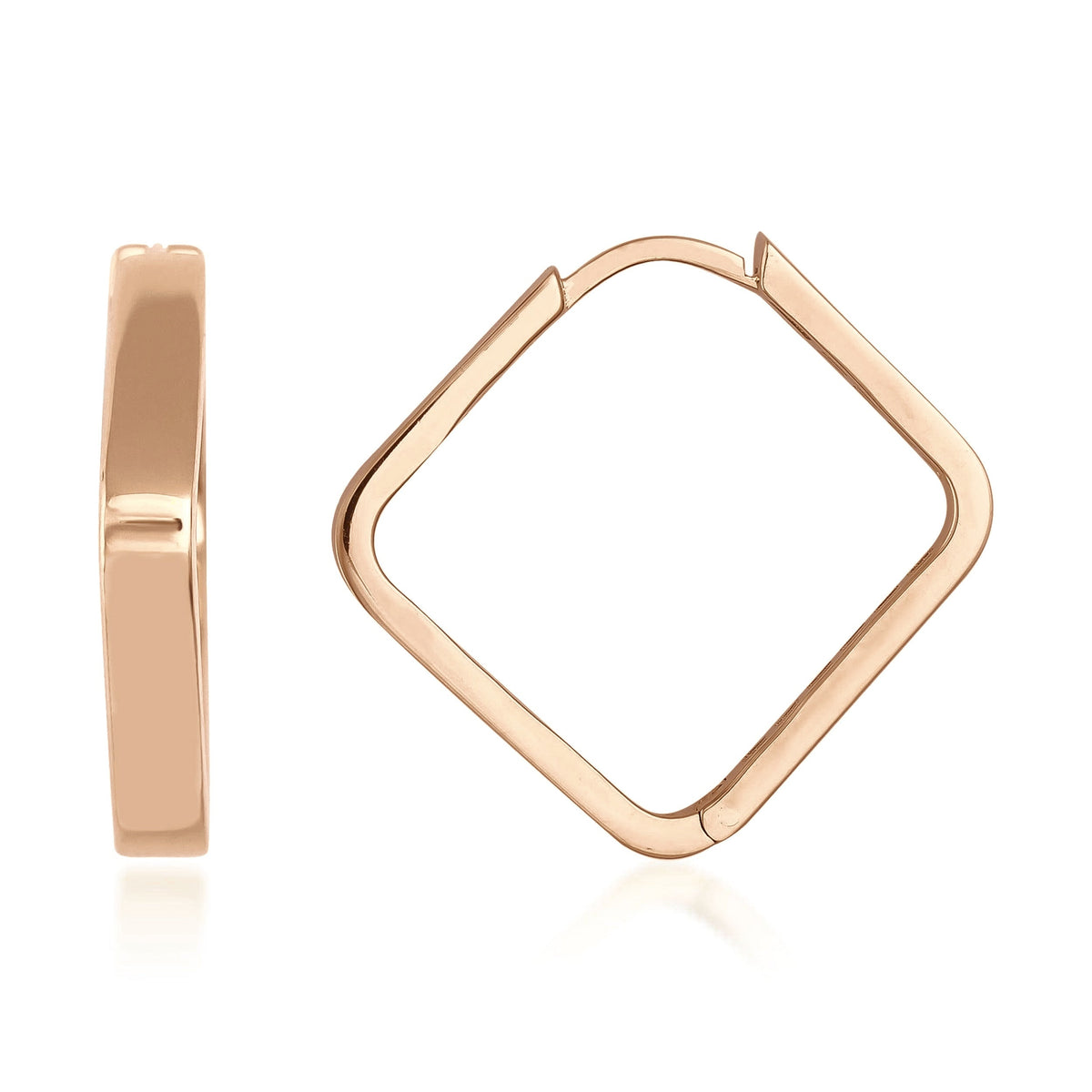 Square-shaped 14K gold hoop earrings with polished finish on white background