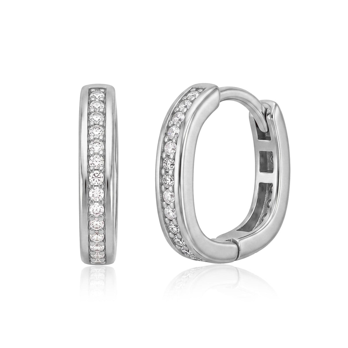 Pair of 14K white gold square huggie hoop earrings with round cubic zirconia, front and angled clasp view