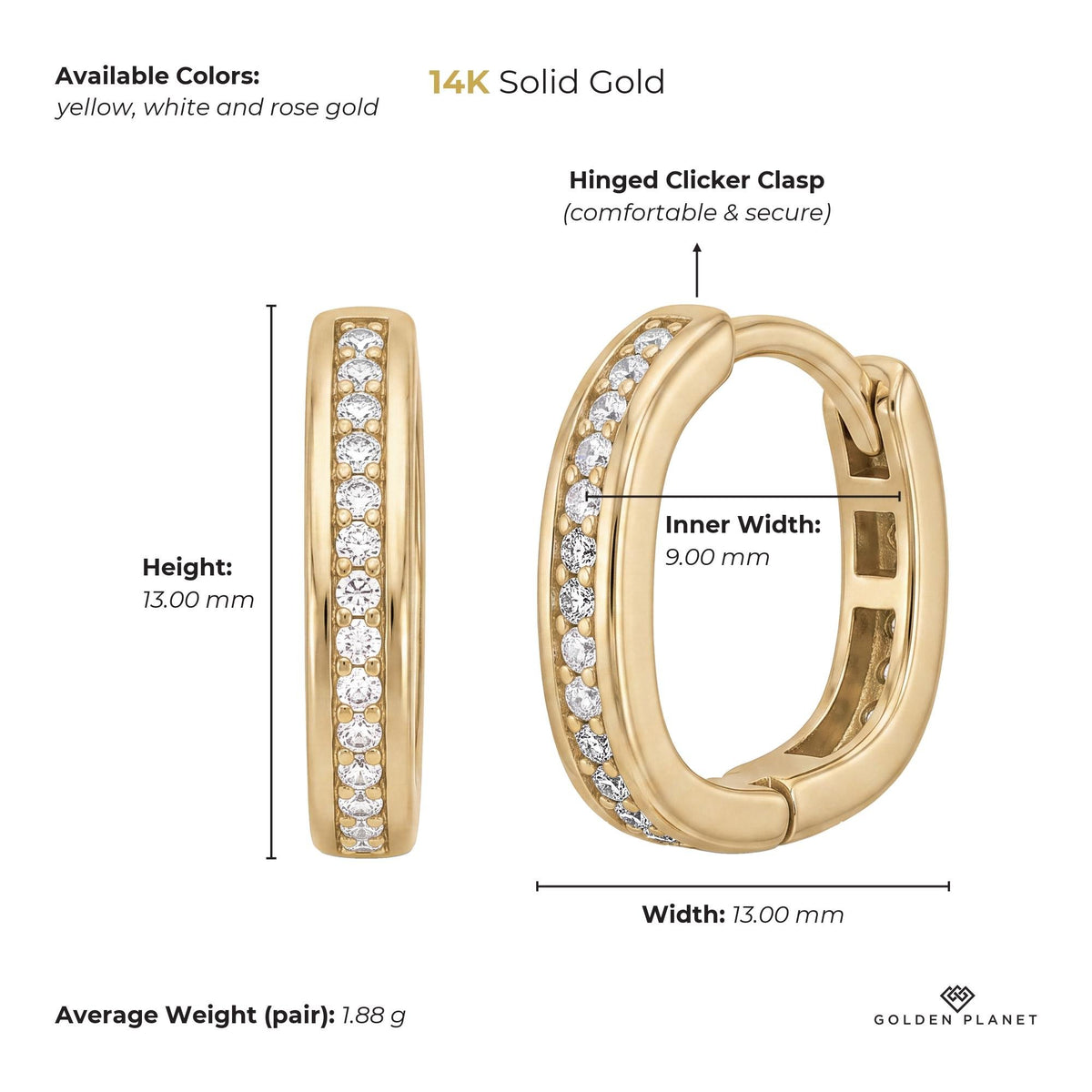Size chart for the 14K gold square huggie hoop earrings showing stones, available colors, earring face, inner opening