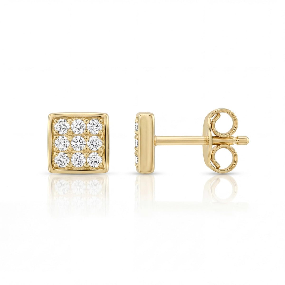 14K gold square stud earrings, product photo