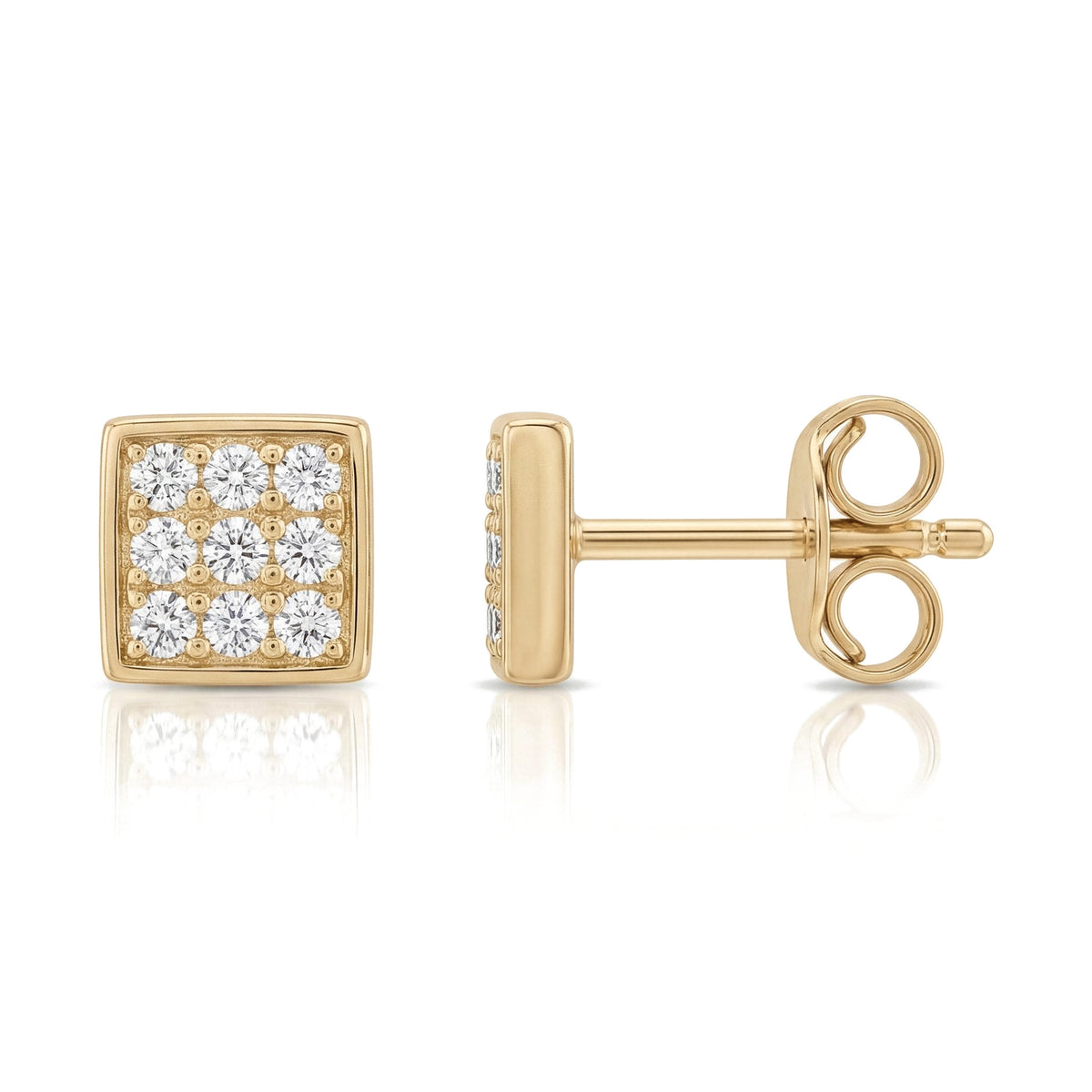 14K yellow gold square stud earrings set with nine clear stones, shown front and side with butterfly back
