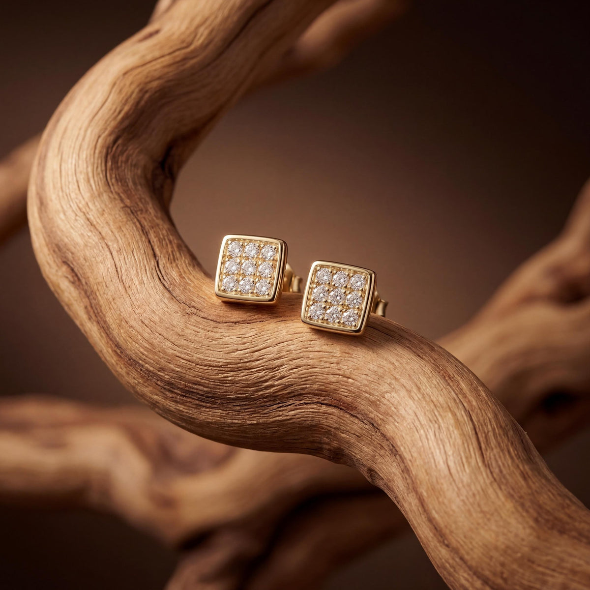 14K gold square stud earrings, styled view