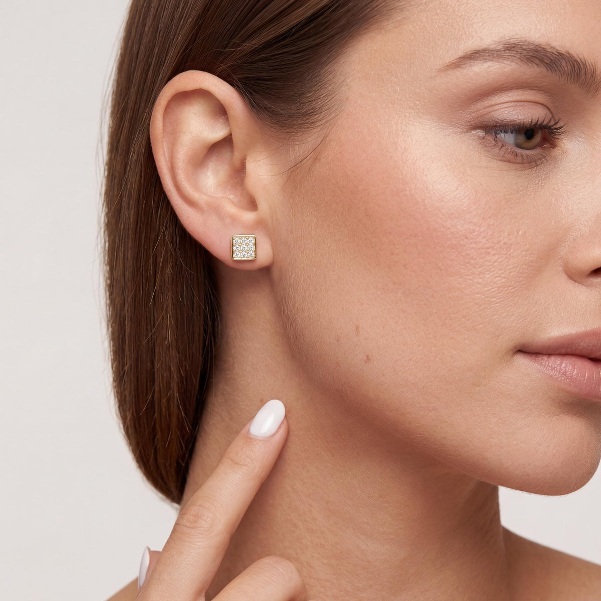 14K gold square stud earrings, styled view