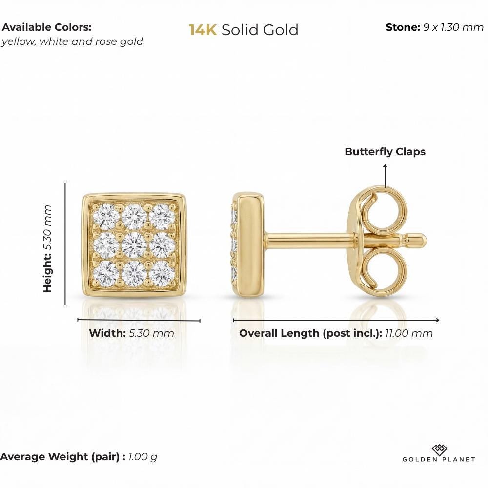 Product info graphic for 14K gold square stud earrings, size and weight guide