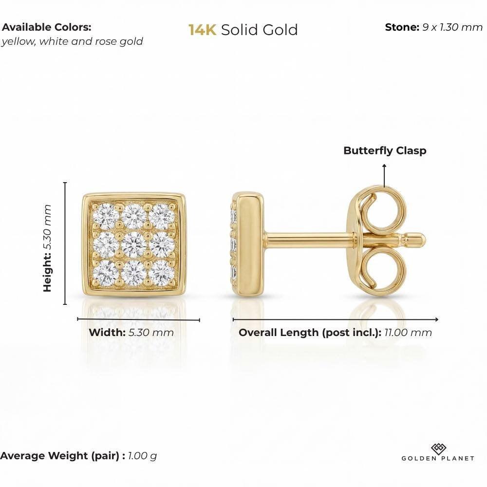 Product info graphic for 14K gold square stud earrings, size and weight guide