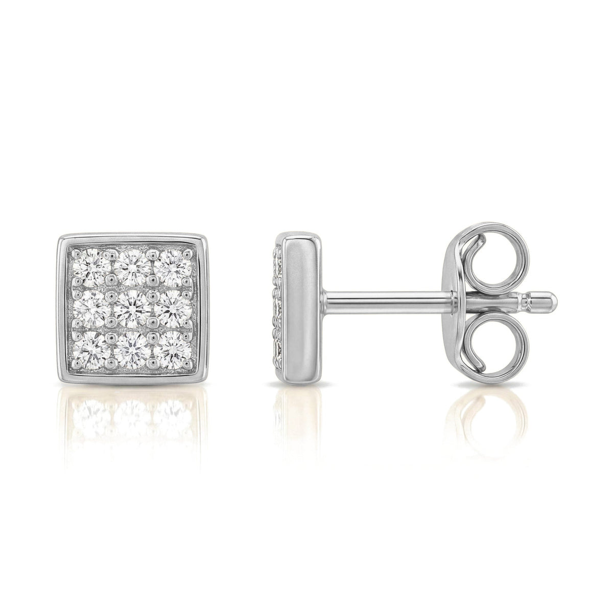 14K white gold square stud earrings set with nine clear stones, shown front and side with butterfly back