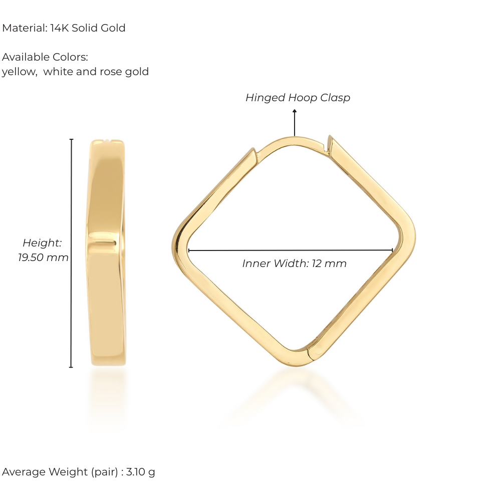 Gold hoop earrings with measurements and material details on a white background