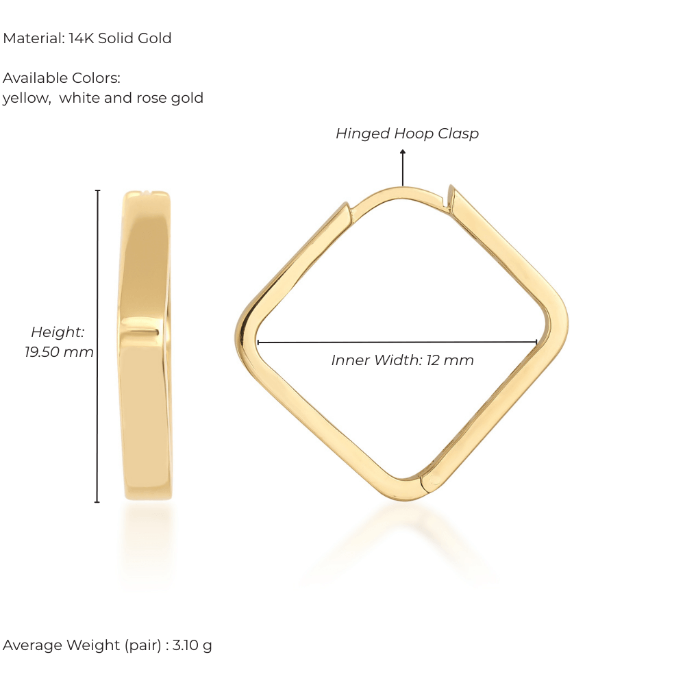 14K solid gold square hoop earring with hinged clasp, 19.5mm height, 12mm width