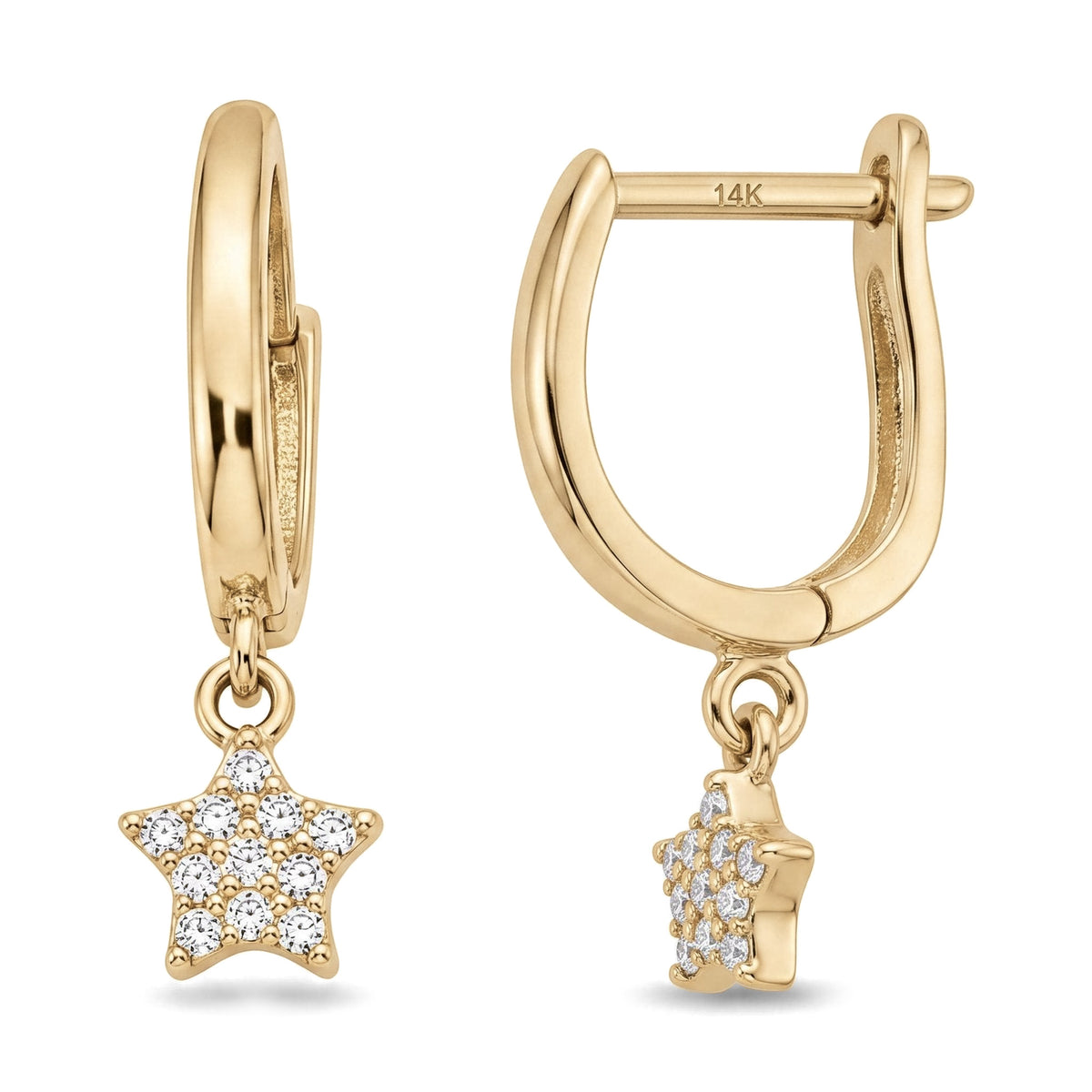 14K yellow gold star hoop earrings, latch-back hoops with a dangling clear stone star, front and side on white