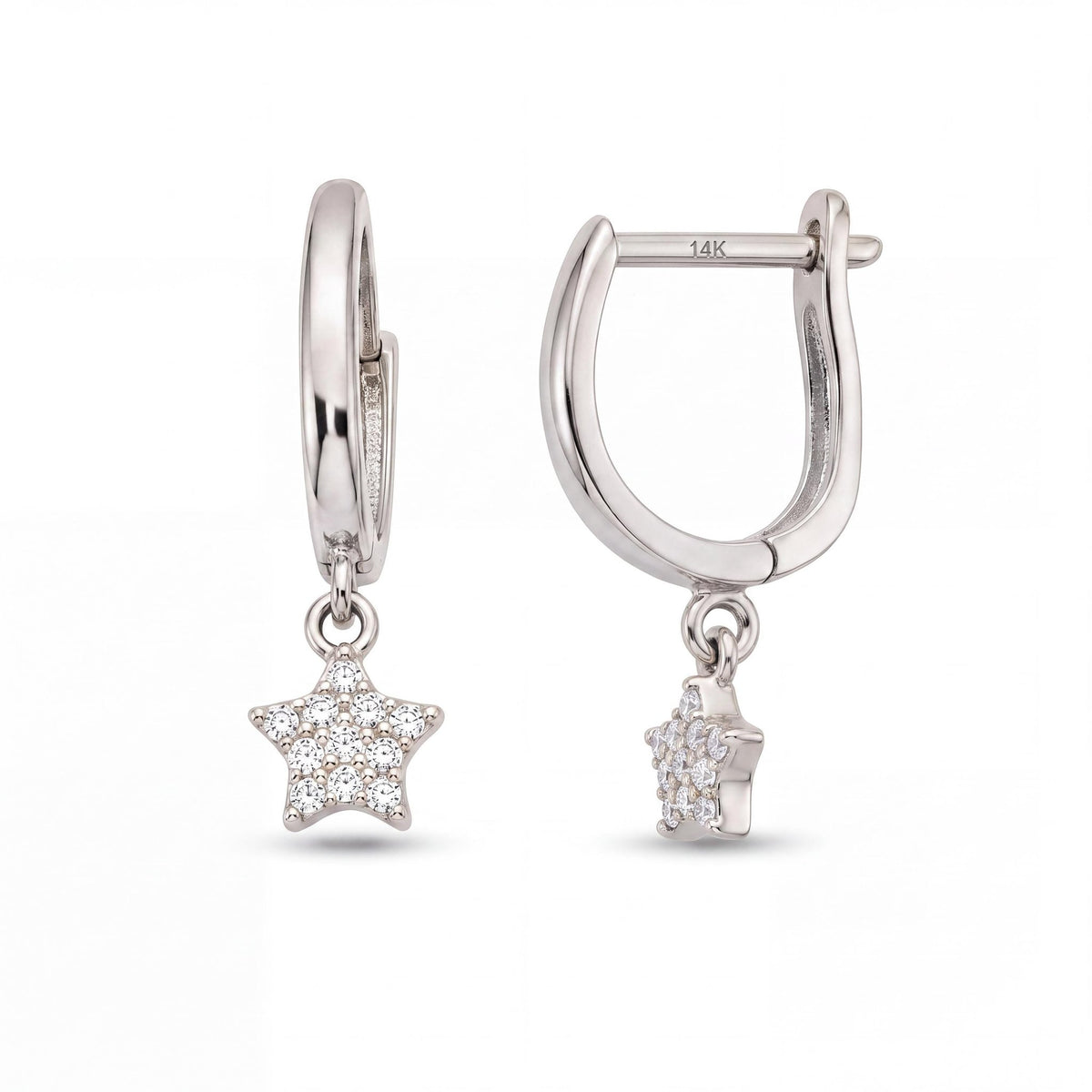14K gold star hoop earrings, product photo