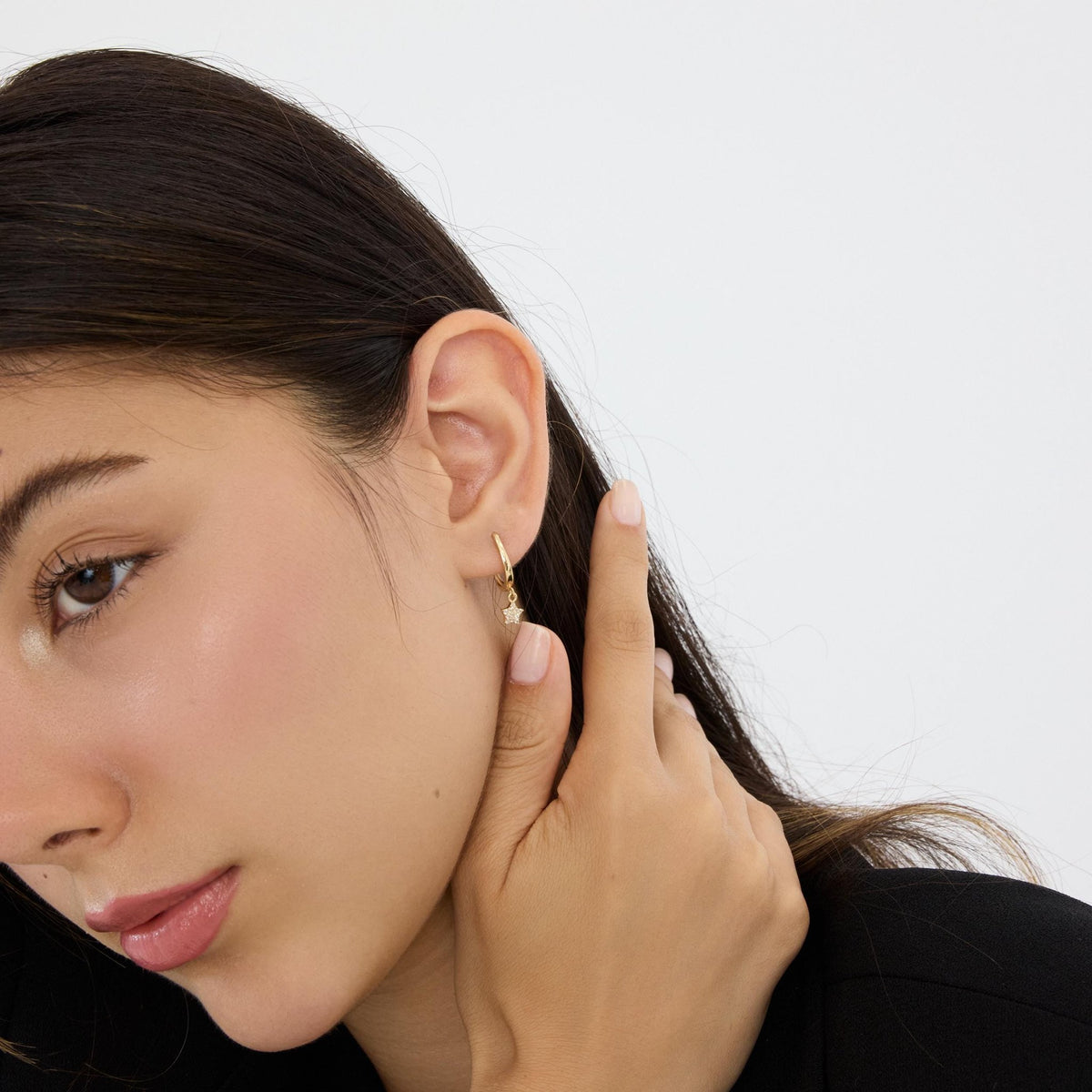 14K gold star hoop earrings, styled view