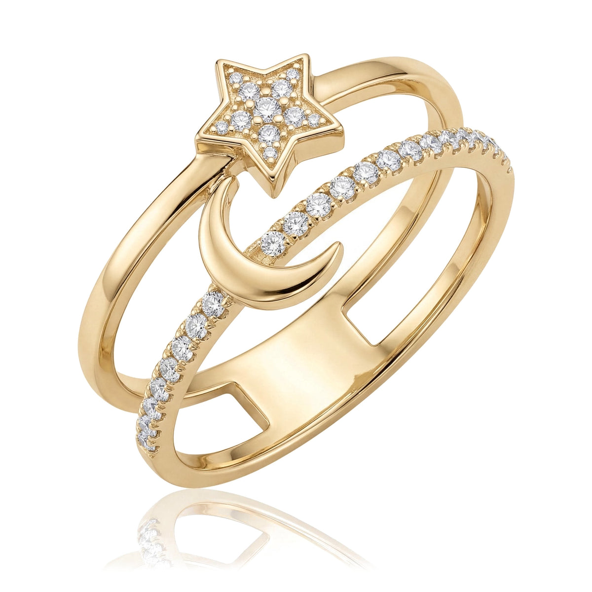 14K yellow gold star and moon ring, double band with clear stone star, polished crescent and stone row, on white