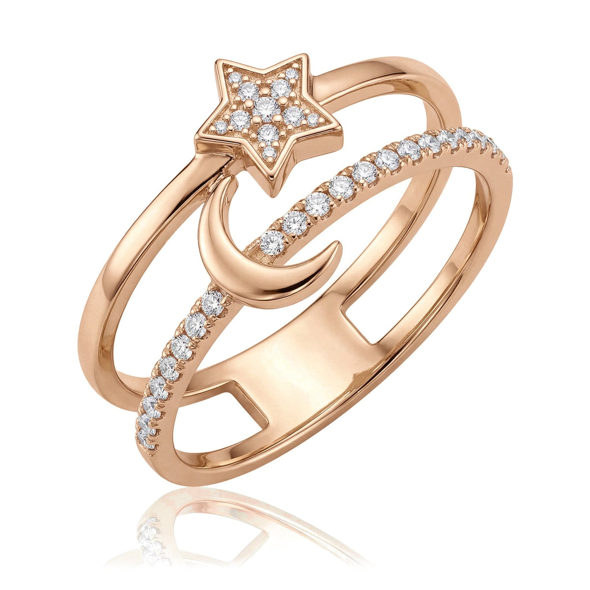 14K rose gold star and moon ring, double band with clear stone star, polished crescent and stone row, on white
