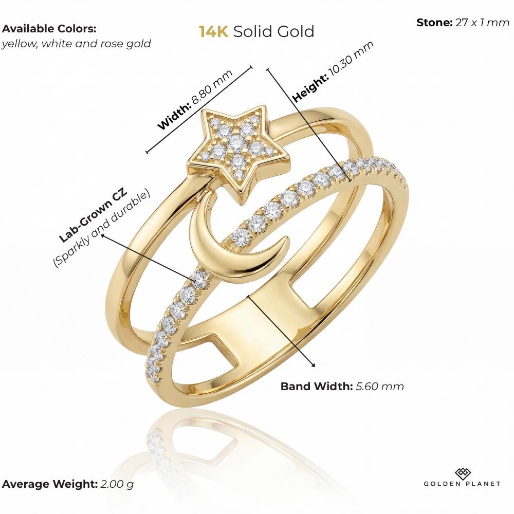Product info graphic for 14K gold star & moon ring, size and weight guide