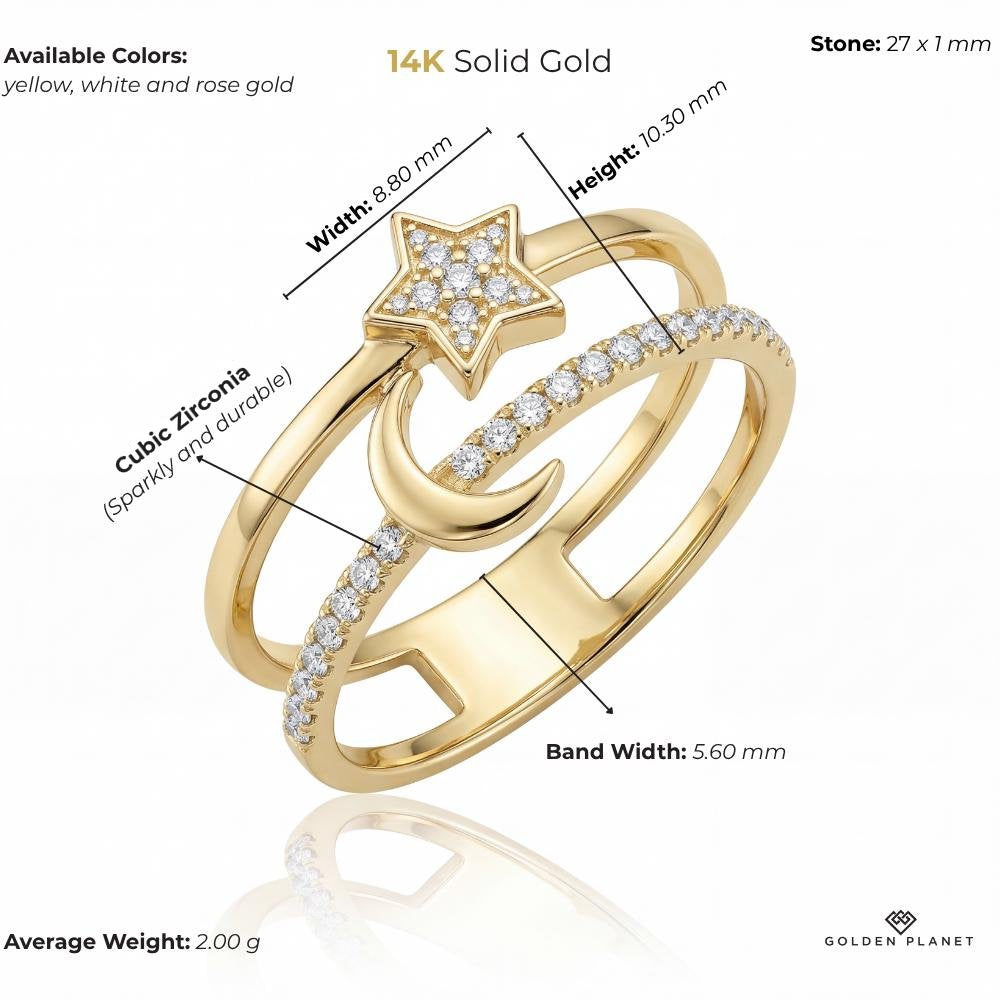 Product info graphic for 14K gold star & moon ring, size and weight guide