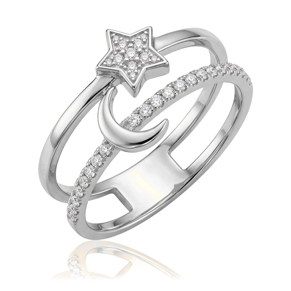 14K white gold star and moon ring, double band with clear stone star, polished crescent and stone row, on white