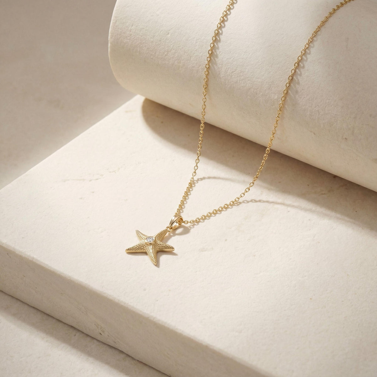 14K gold star zirconia necklace minimal starfish unisex jewelry necklace, styled view