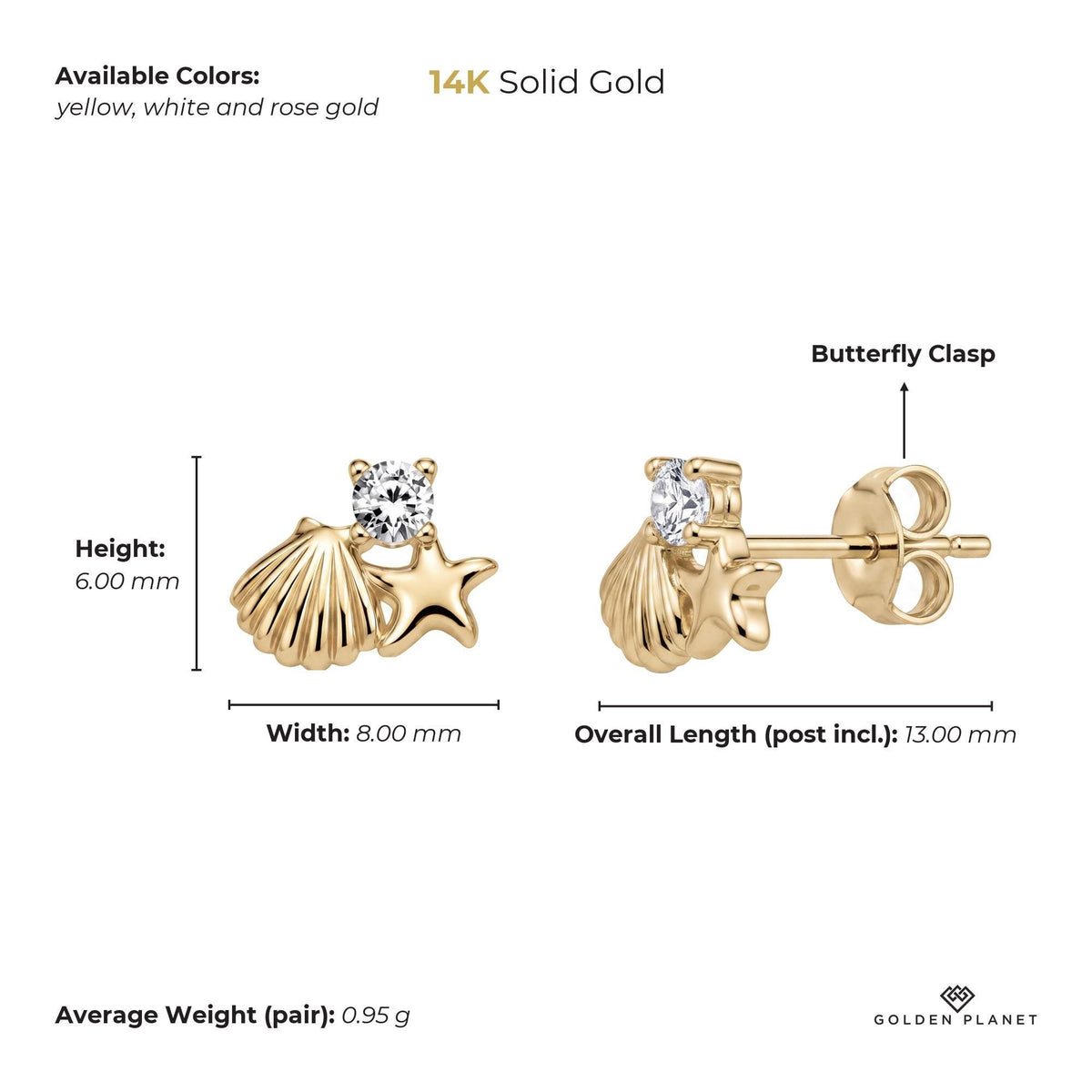 Size chart for the 14K gold starfish stud earrings showing stones, available colors, height, width, overall length, closure