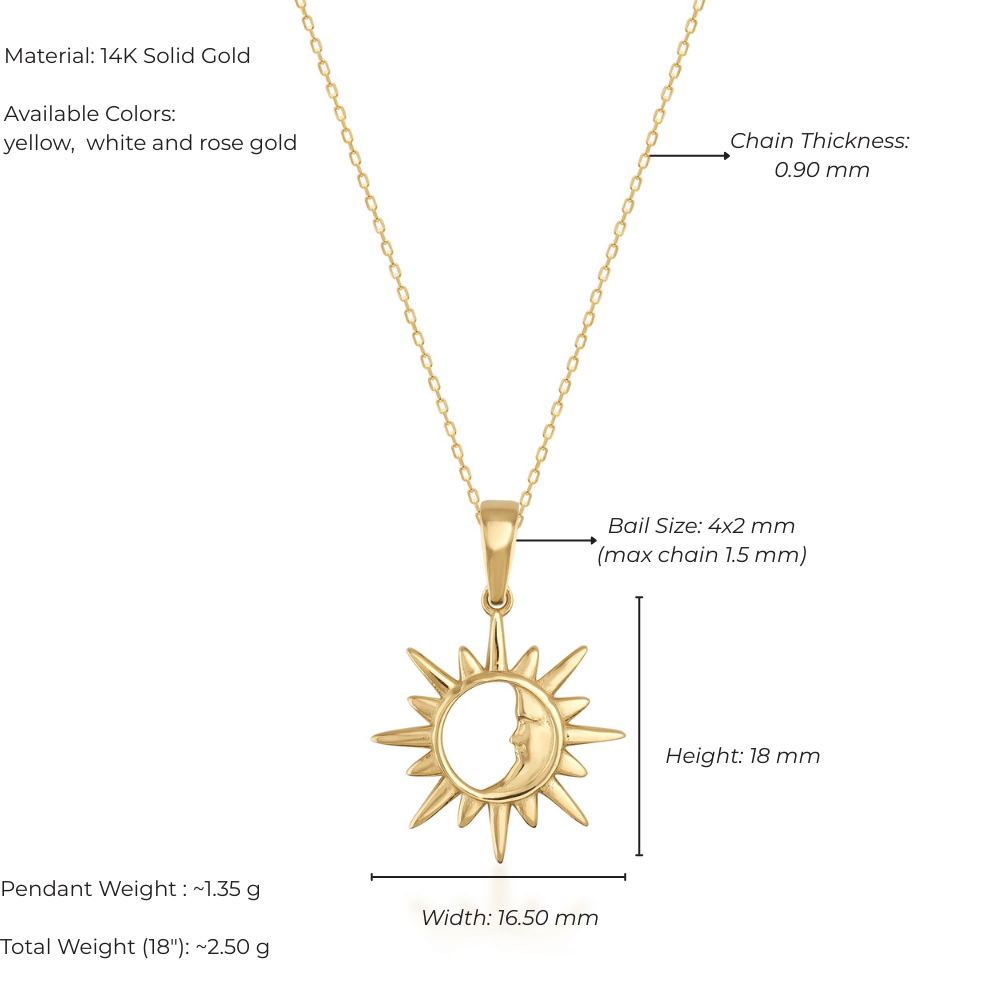 14K solid gold sun and moon pendant necklace with fine chain, labeled dimensions