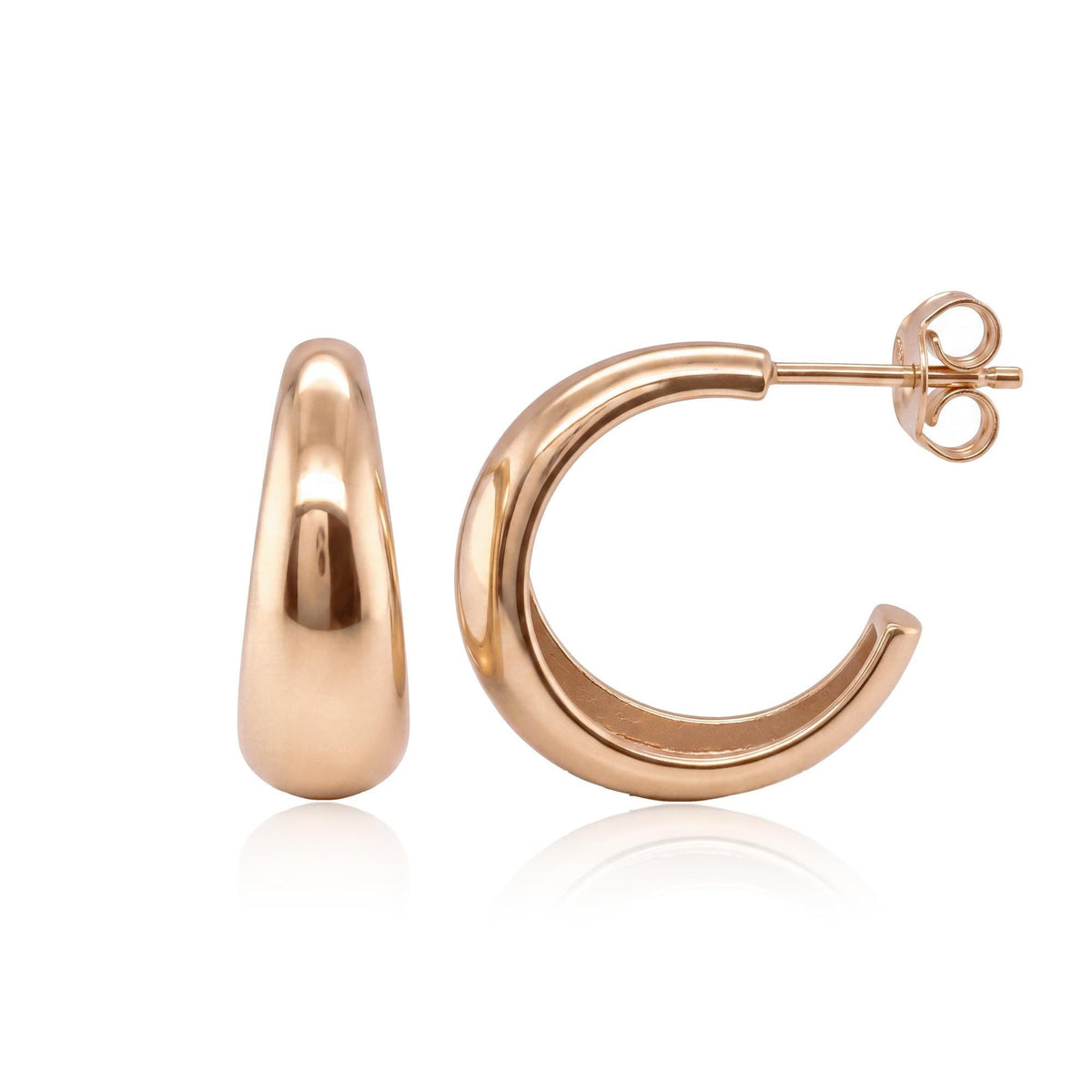 14K rose gold tapered hoop earrings, front and side view with post and butterfly back on white