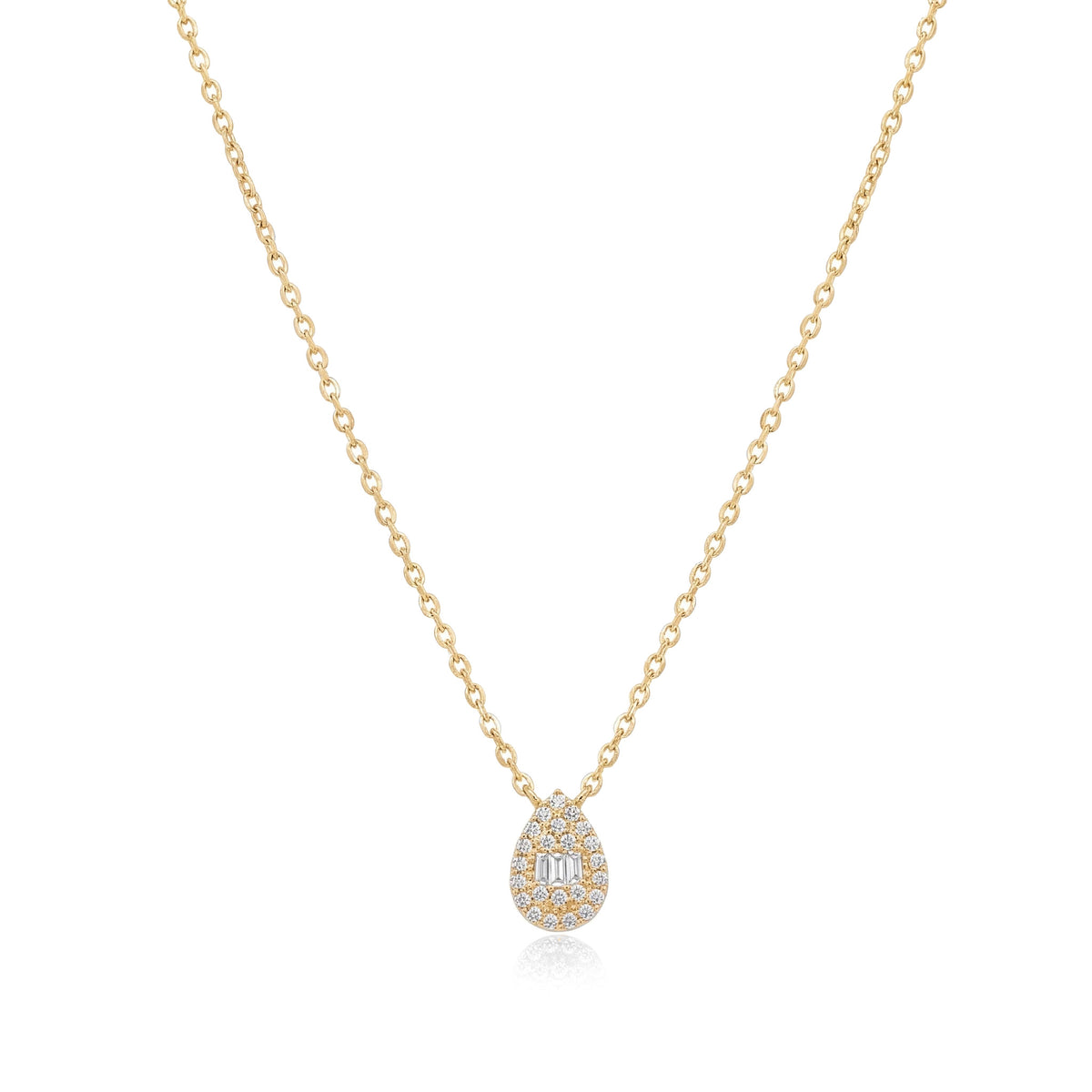 14K yellow gold teardrop necklace, pear-shaped pendant with a baguette center ringed by clear stones, on white