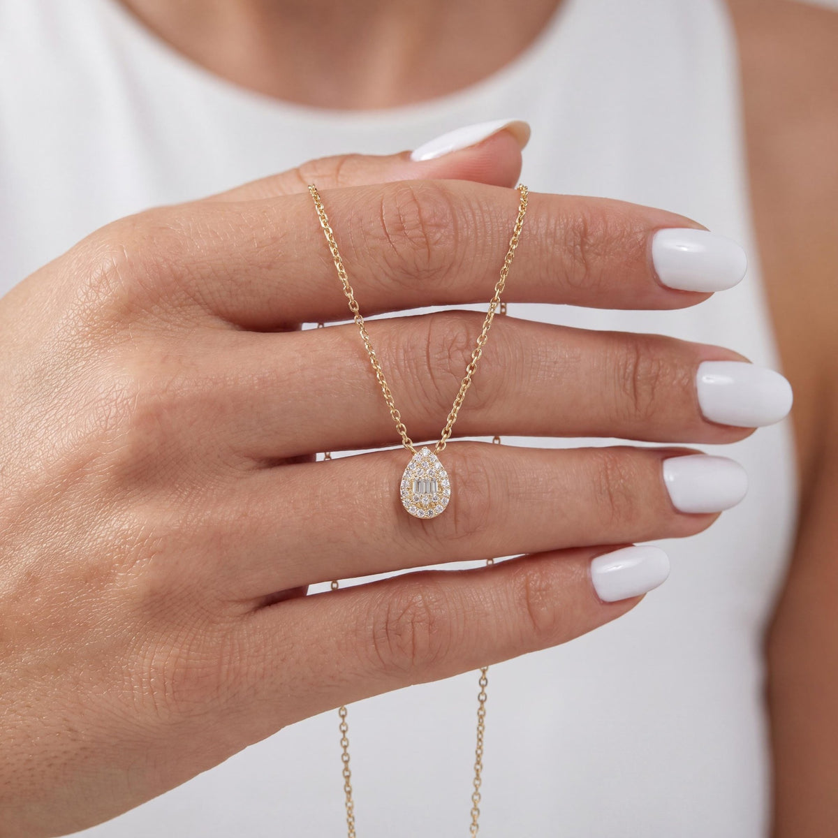 14K gold teardrop necklace, styled view