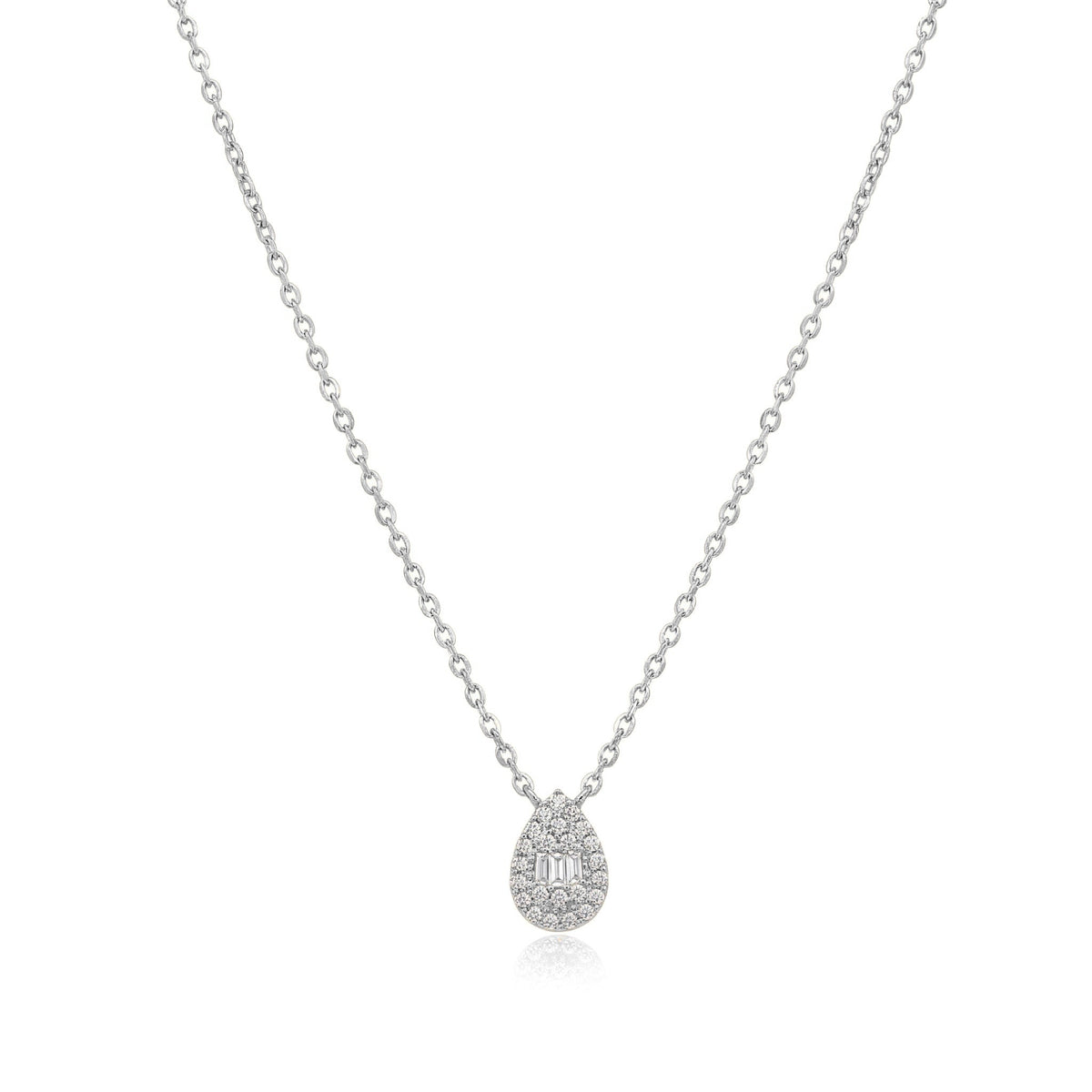14K white gold teardrop necklace, pear-shaped pendant with a baguette center ringed by clear stones, on white