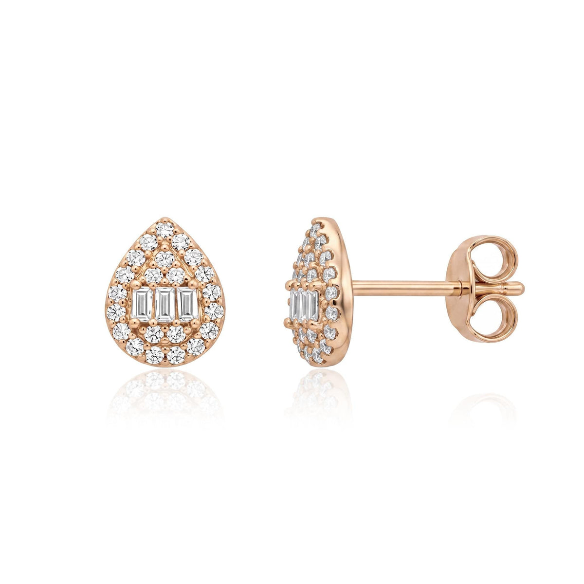 14K rose gold teardrop stud earrings on white