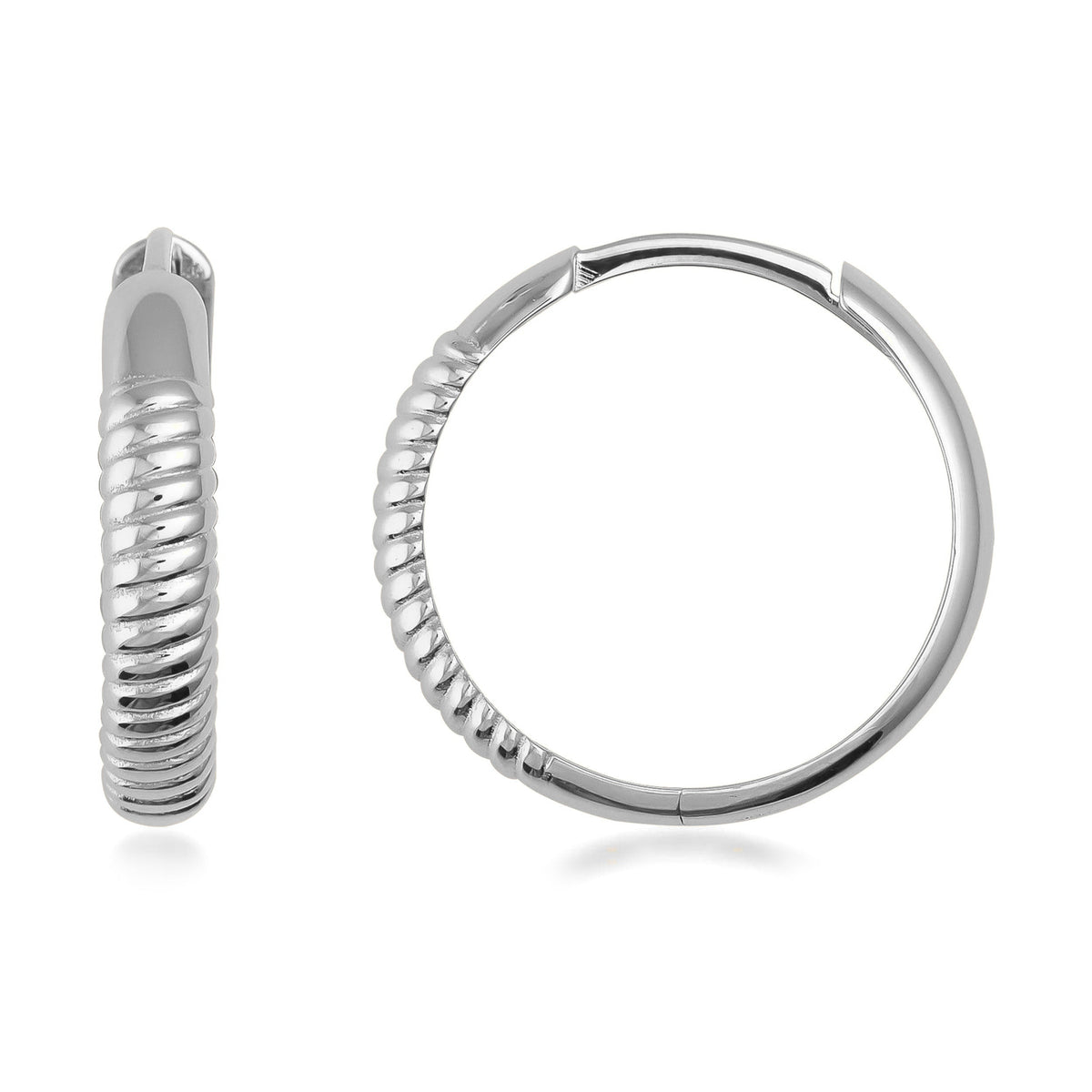 Textured 14K white gold hoop earrings with a twisted ribbed design on a white background