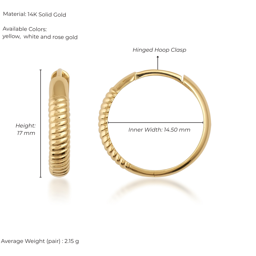 Gold hoop earrings with measurements and material details on a white background