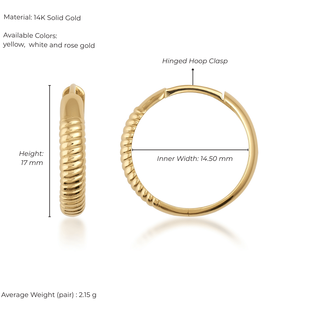 14K solid gold thin spiral rope hoop earring with hinged clasp, 17mm height, 14.5mm width