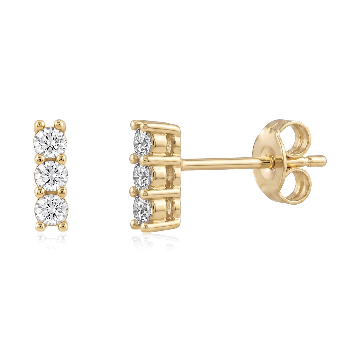 14K yellow gold three stone cubic zirconia stud earrings, front and side view with butterfly back