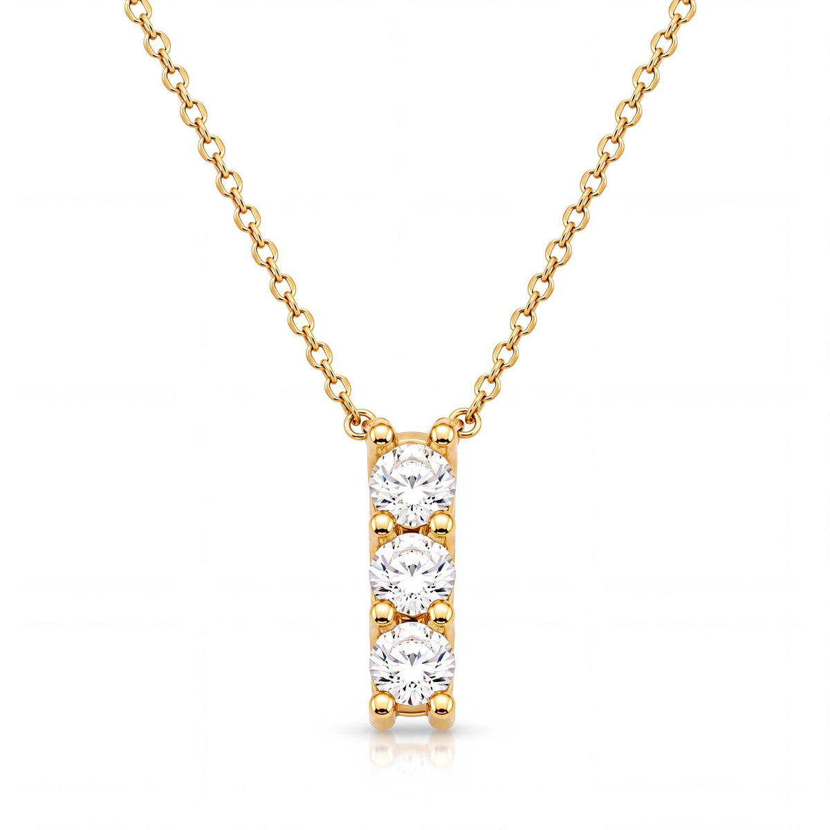 14K gold three stone necklace, product photo