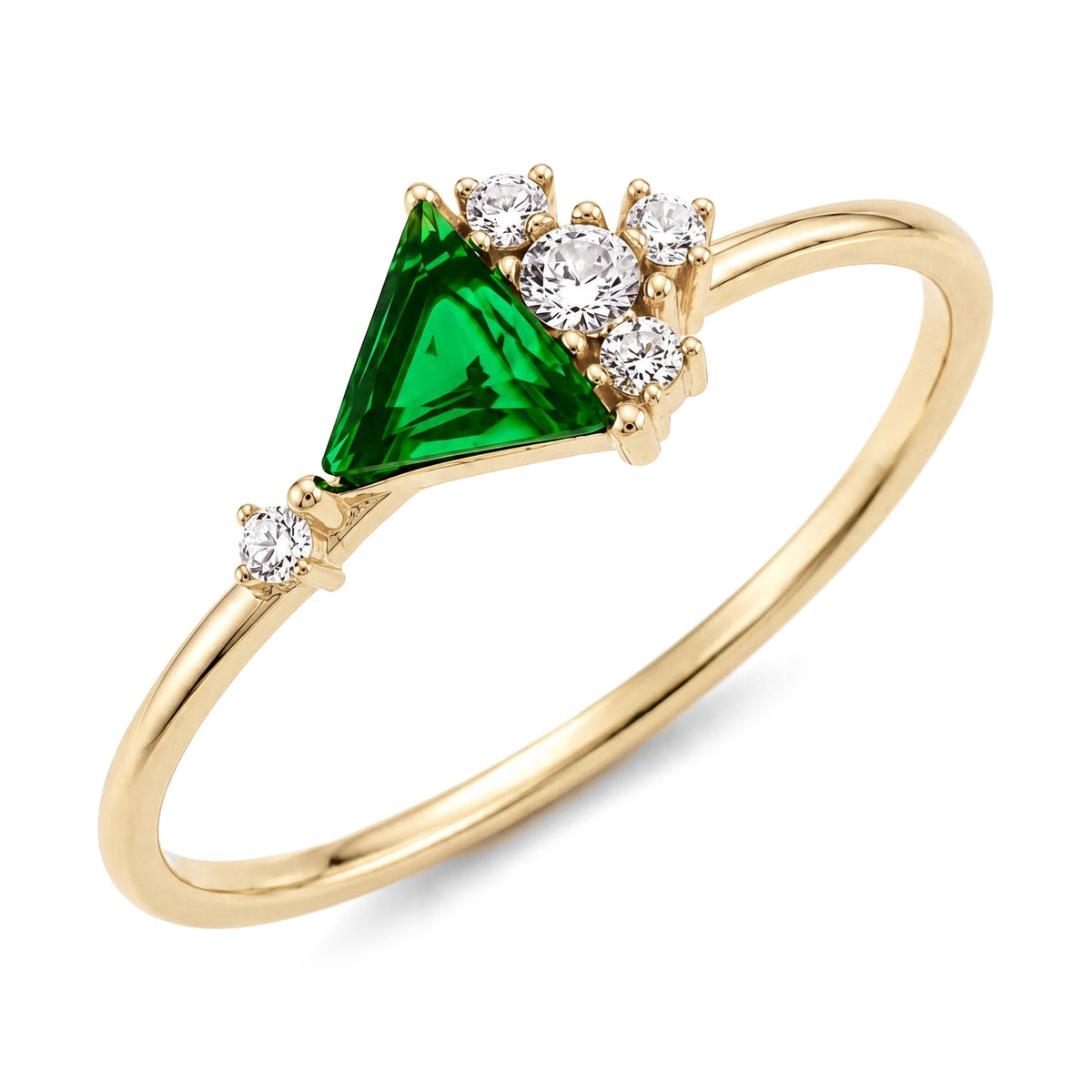 14K yellow gold ring with a triangle green simulated emerald beside a cluster of round cubic zirconia, on white