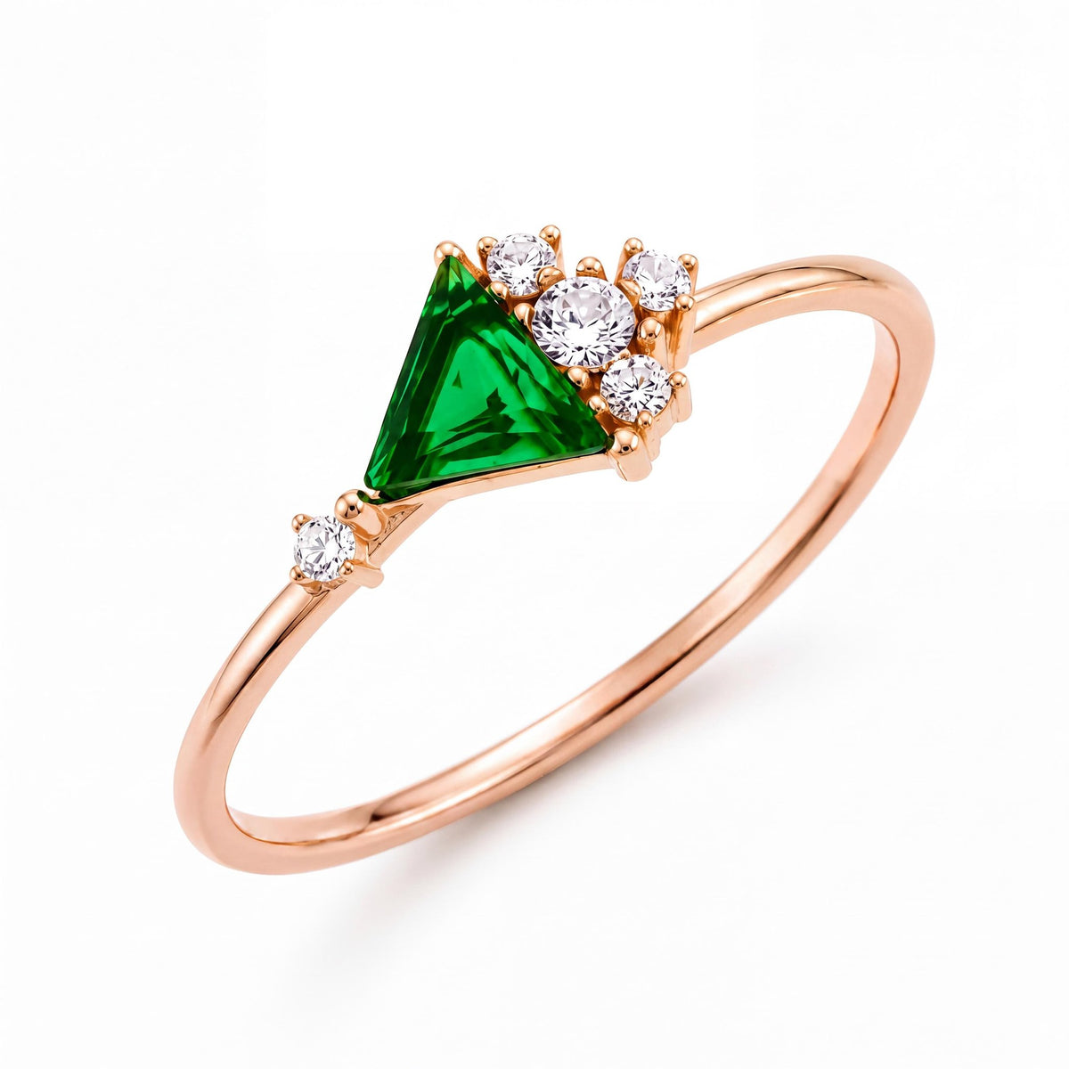 14K rose gold triangle simulated emerald ring with a round cubic zirconia cluster, on white
