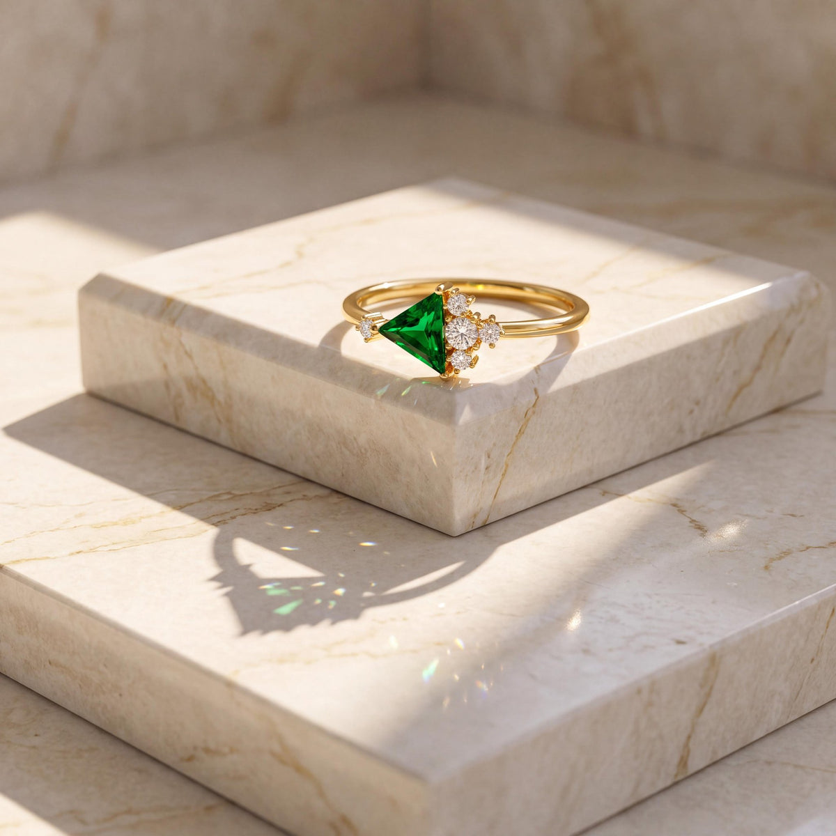 14K yellow gold triangle simulated emerald ring displayed on a cream marble block in sunlight