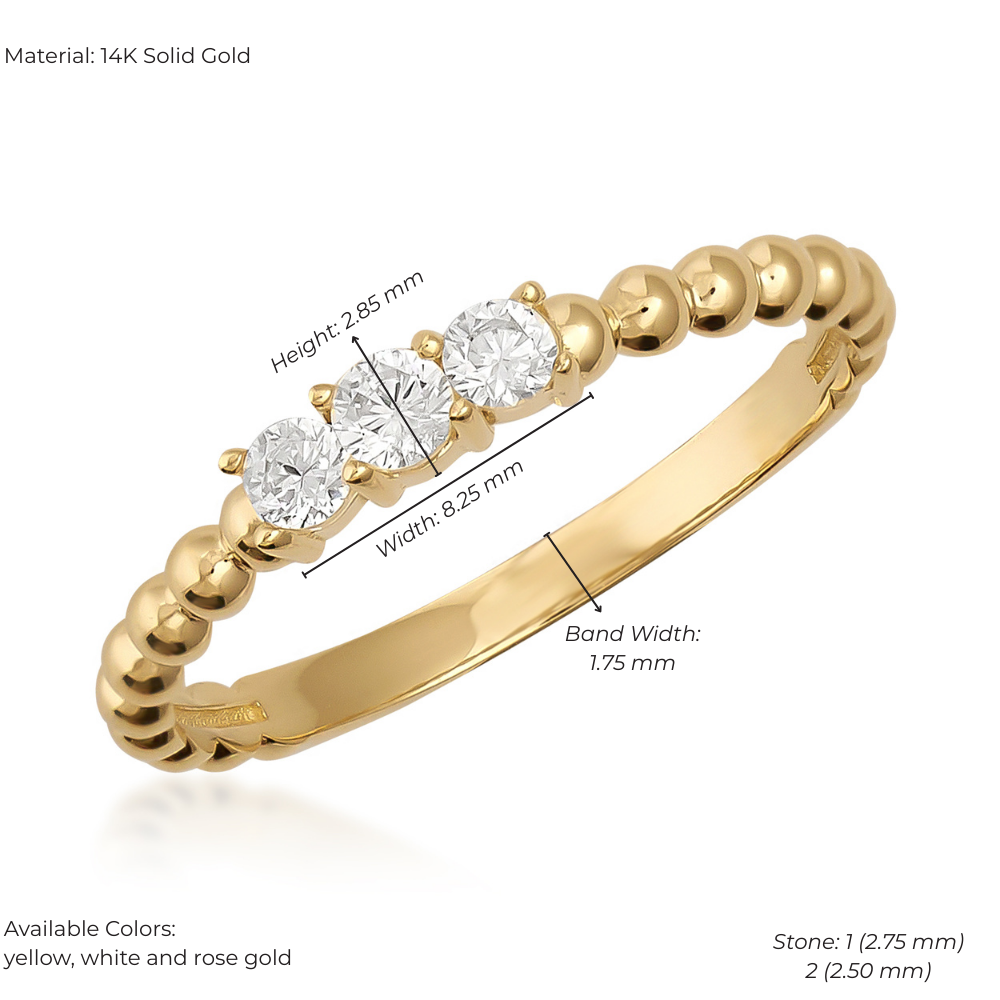 14K Gold Trio Stone Ring – Sparkling Round Zirconia, Beaded Detail, Elegant Band