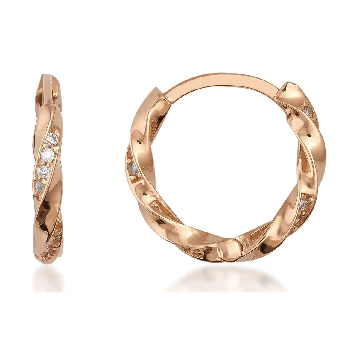 14K rose gold twisted hoop earrings with small embedded clear stones on white background