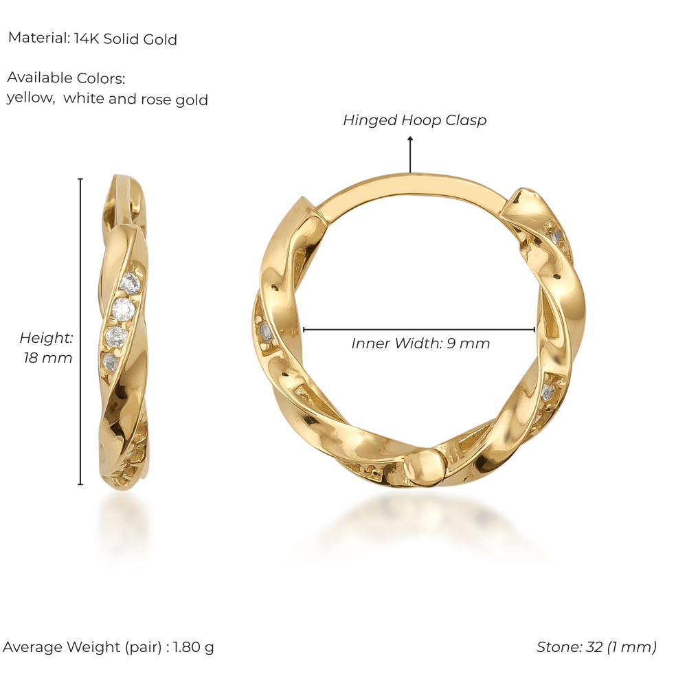 Gold hoop earrings with hinged clasp, material details, and measurements on a white background.